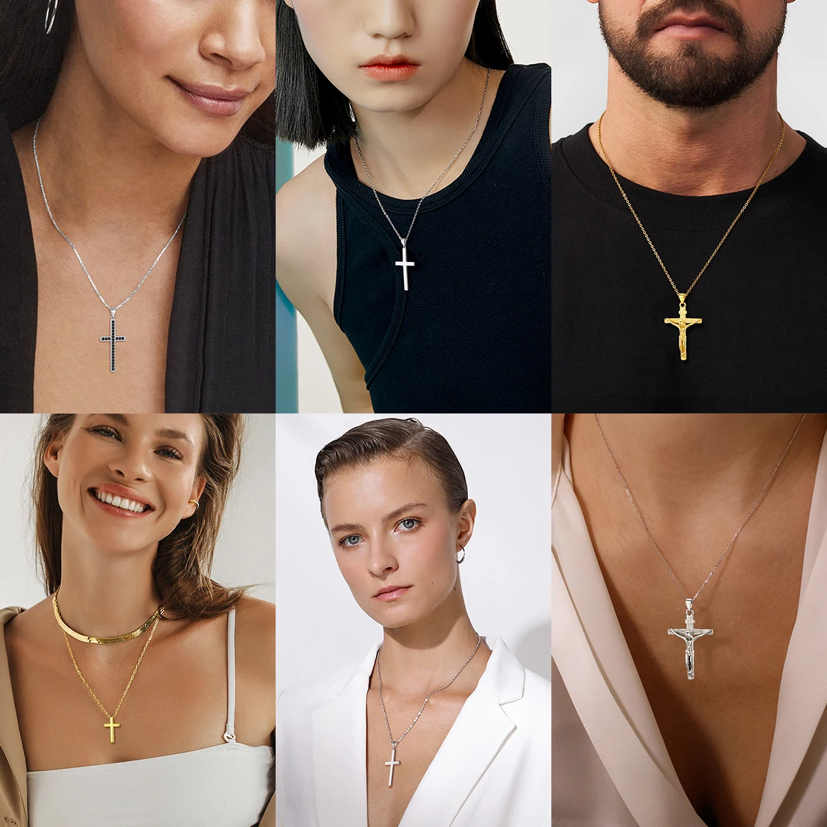 U7 925 Sterling Silver Cross Necklaces INRI Crucifix Jesus Size S/L Plain/CZ Cross Unisex Man Women Christian Jewelry Gift