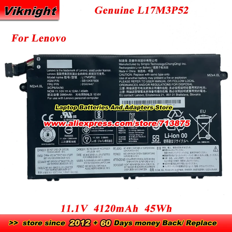 

Genuine L17M3P52 Battery L17L3P51 01AV447 SB10K97608 for Lenovo ThinkPad E480 E485 E490 E580 E585 E590 R480 R580 Laptop Battery