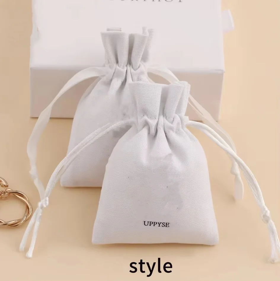 50 pcs White color high quality canvas bag double drawstring bag printing custom jewelry packaging dust bag free shipping