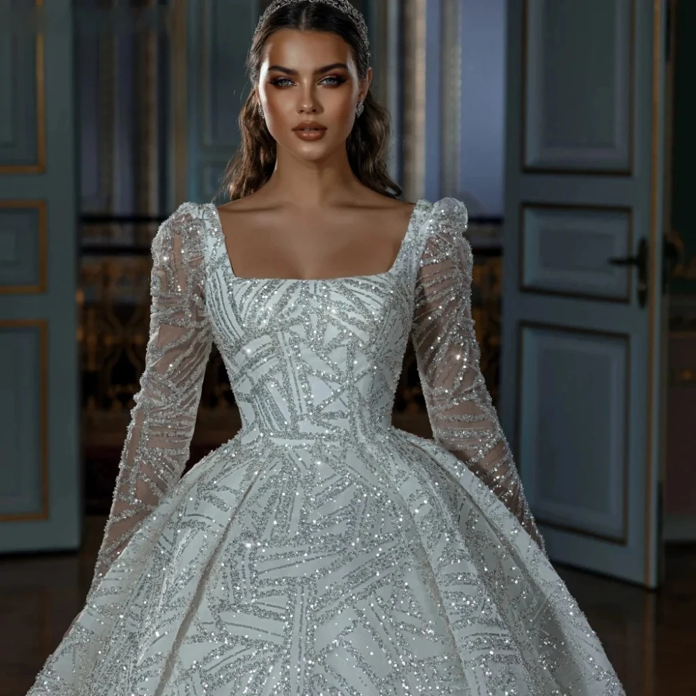 

Luxury Square Neck Ball Gown Wedding Dress 2024 Sparkly Sequined Long Sleeves Bride Gown Custom Made Ball Dress Vestido De Novia