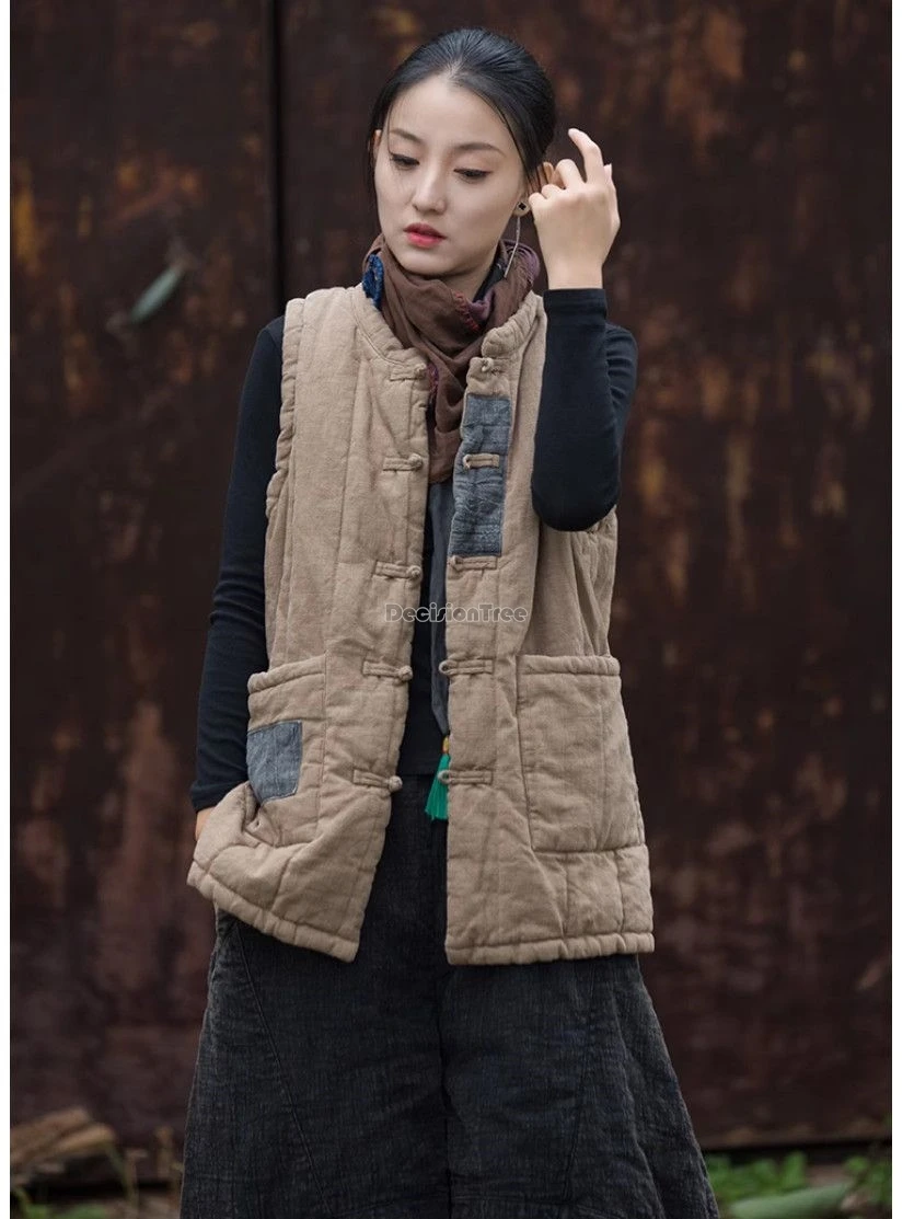 

2025 New autumn winter Zen women's thick cotton linen sleeveless waistcoat improved loose cotton padded color-blocked coat vest