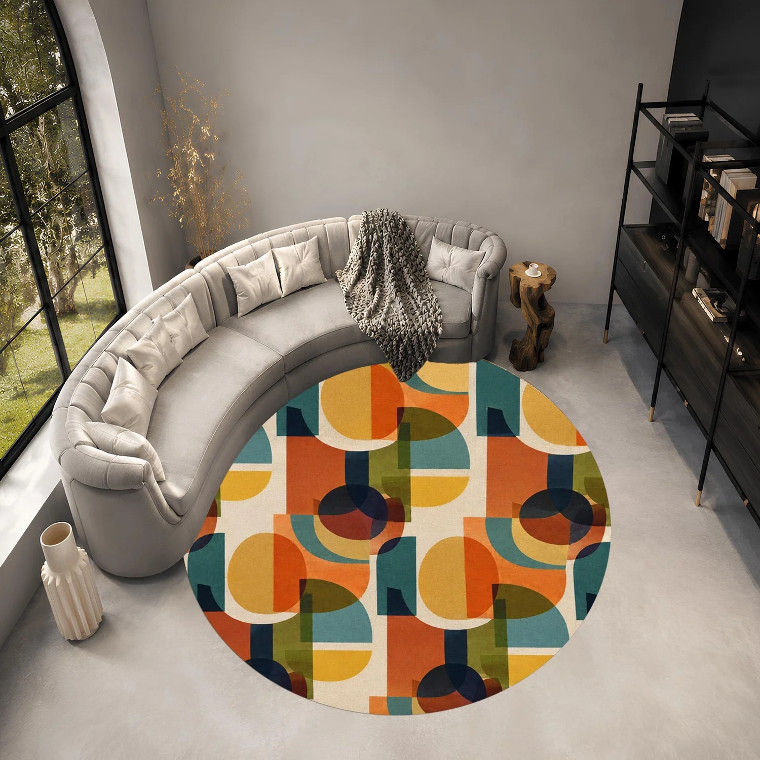 Abstract Geometric Circular Rug, in Orange, Teal, and Mustard Yellow Colors, Mid-Century Modern Style Floor Decoration