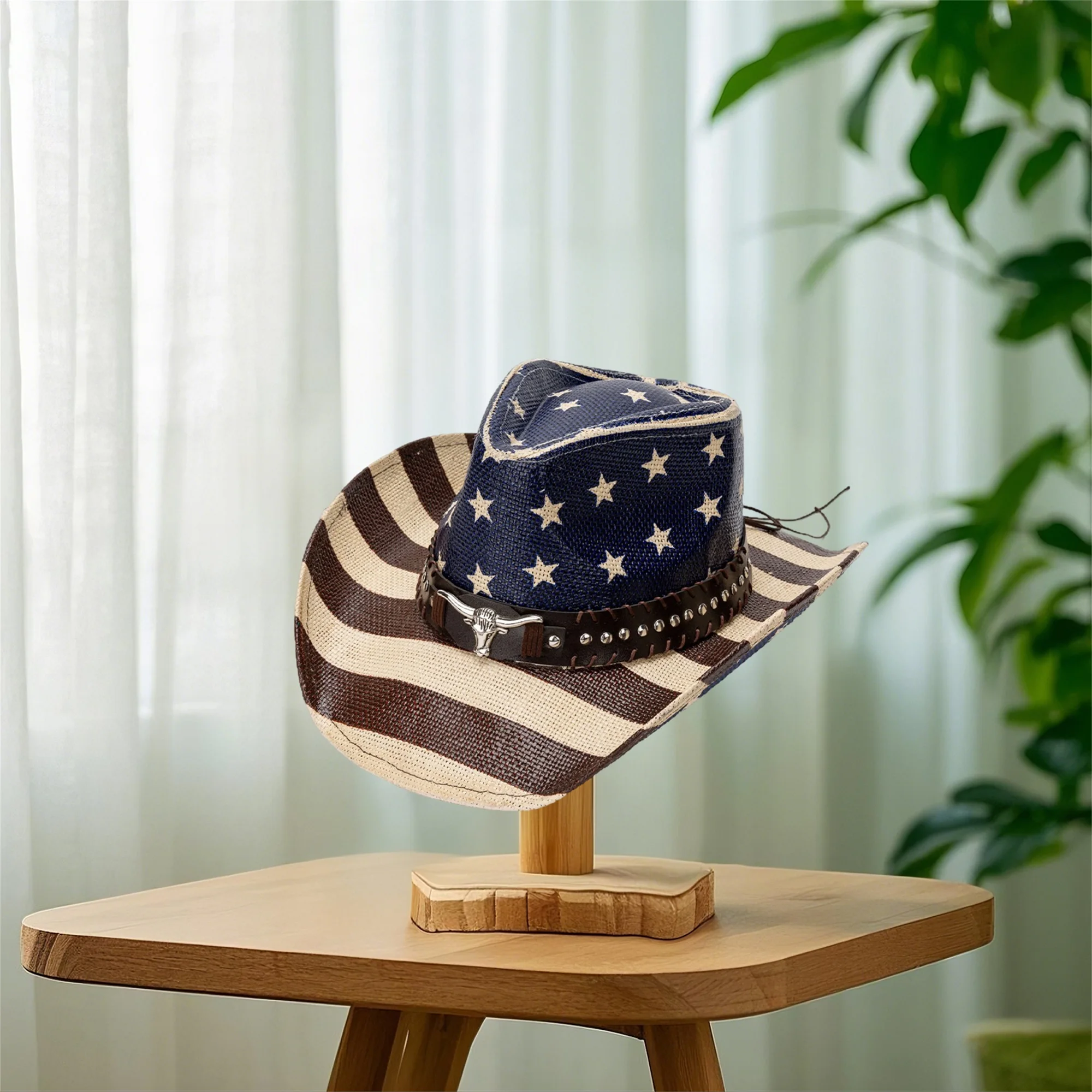 미국 국기 카우보이 모자 (남녀공용) 애국적인 서양식 챙 넓은 모자, 황소 머리띠 포함, 7월 4일 파티에 적합