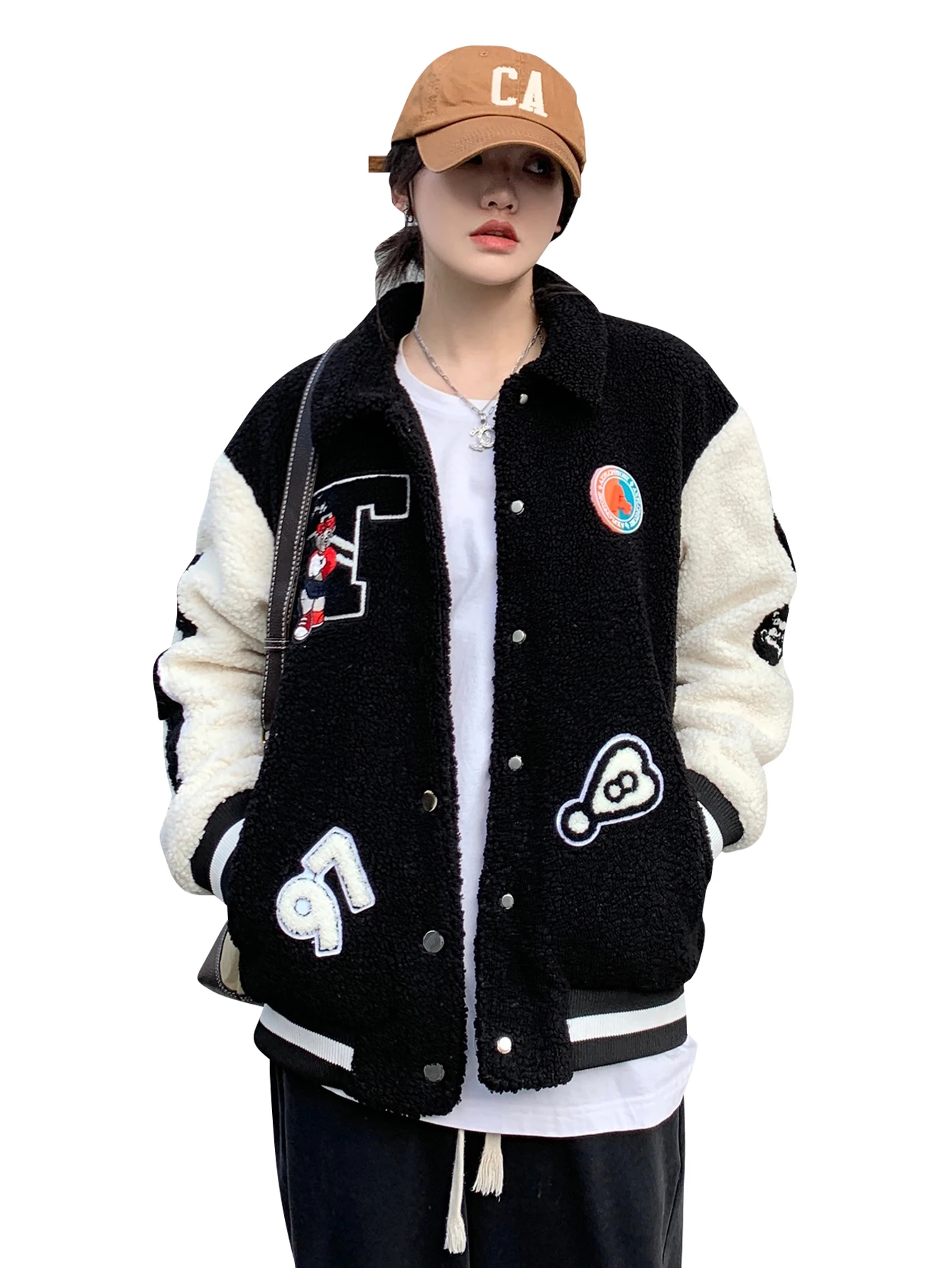 Men's Cartoon Letters Embroidery Polar Fleece Jacket Vintage Lapel Buttons Thick Casual Coats for Fall and Winter