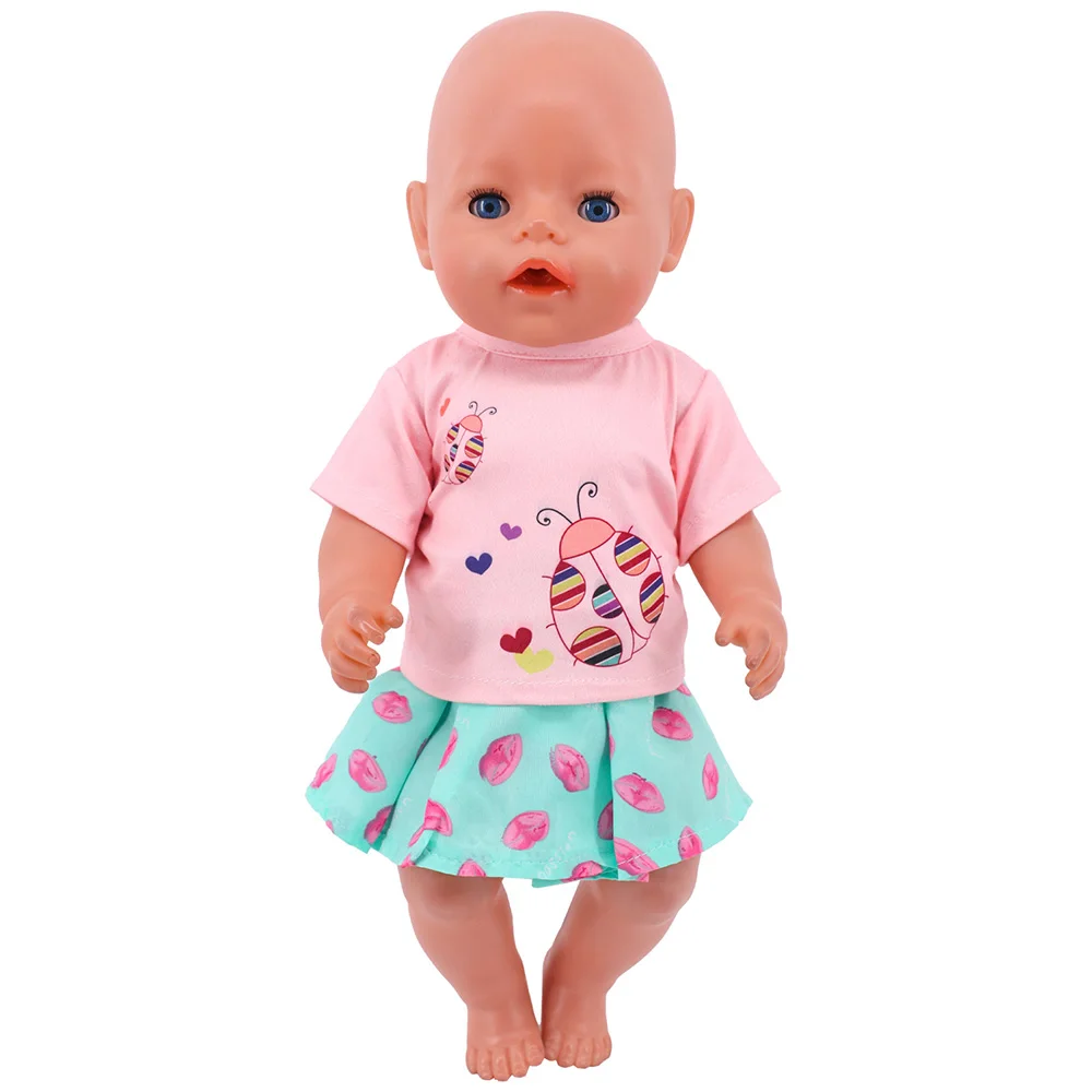 For 43Cm Baby Reborn Doll Clothes 18inch American Dress Accessories Cute Print T-shirt Pleated Skirt Baby Girl's OG Dolls Gifts