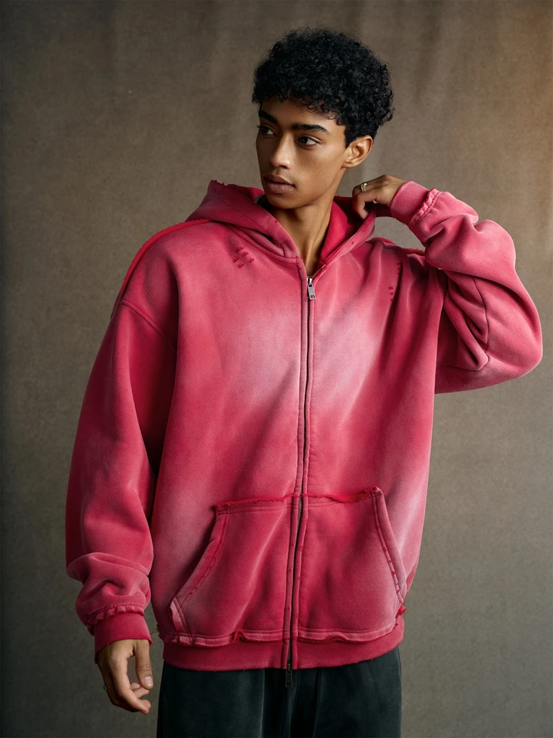 Men's Zip Up Hoodies Y2k Distressed Washed Oversize Cardigan Hoodie Plus Plush Tie-dye Fraying Hooded Sweatshirt Autumn Winter