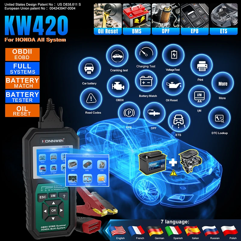 KONNWEI KW420 2-in-1 OBD2 Scanner Battery Analyzer 6-12V Full Vehicle System Diagnosis Oil Reset ABS SRS TPMS for Honda Vehicle