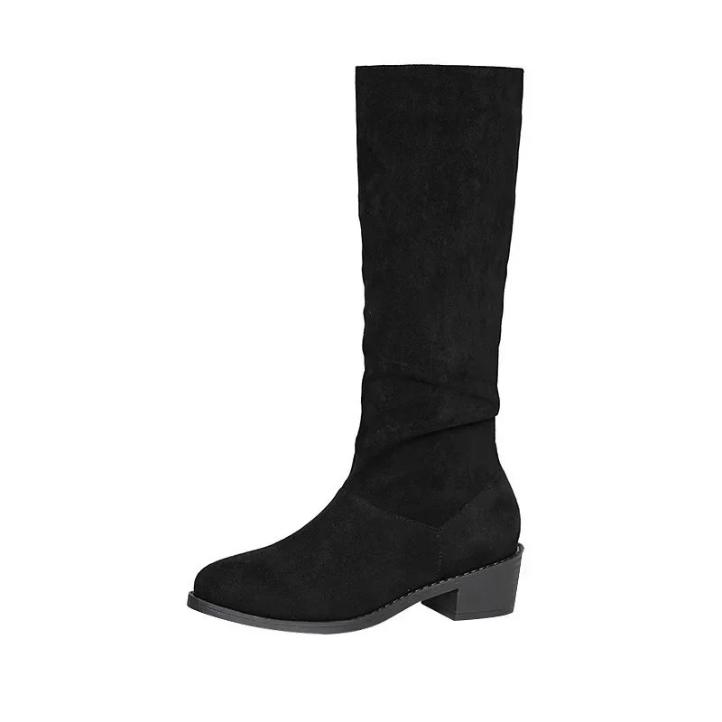 Pointed Toe Pleated Boots Women Black Nude Faux Suede Flock Knee High Boots Ladies Low Chunky Heel Cowboy Boots Plus Size 2024