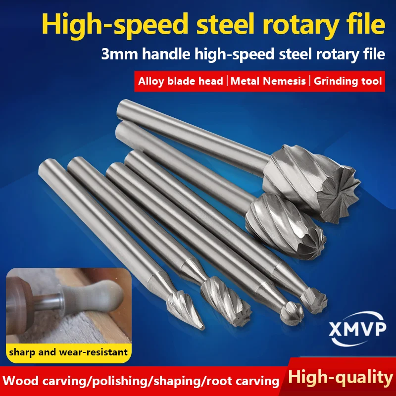 Lima rotante in acciaio ad alta velocità Manico da 3 mm Testa di molatura estesa Lavorazione del legno Fresa Radice intaglio Resina Lucidatura plastica t