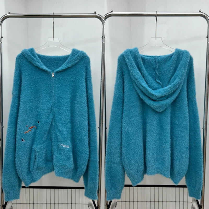 2026 Fall Winter New House of Errors Unisex Fashion Zip Hoodie Fuzzy Plush Knit Distressed Side Embroidery Oversized Jacket