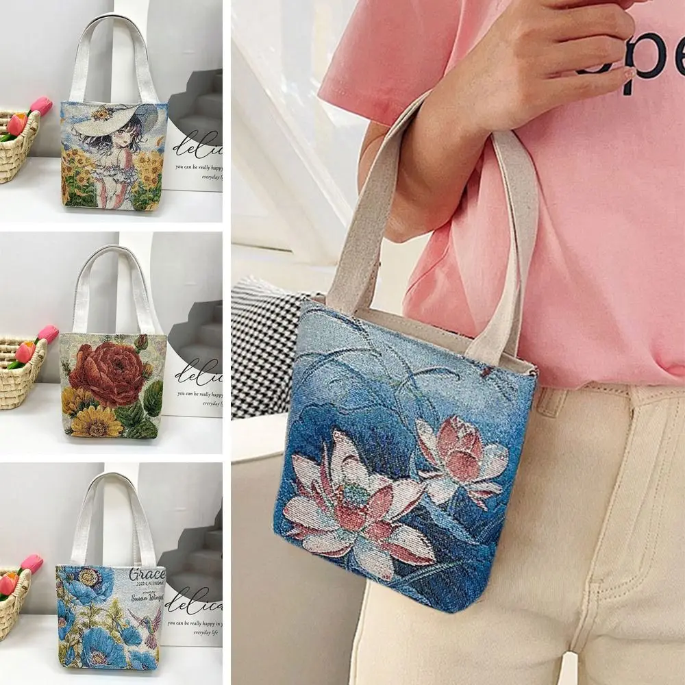 Ethnic Style Canvas Bag Women Underarm Handbag Art Fashion Printed Single Shoulder Bags Reusable Large Capacity Grocery Totes