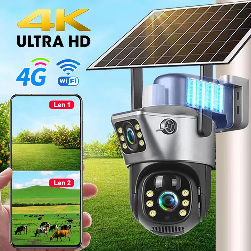 Security Camera Outdoor, 4K 8MP Dual Lens Solar Camera Outdoor Security WiFi Surveillance Cameras with Solar Panel Human Detection 4G SIM PTZ CCTV Camera For Home Security Outdoor Indoor (Size