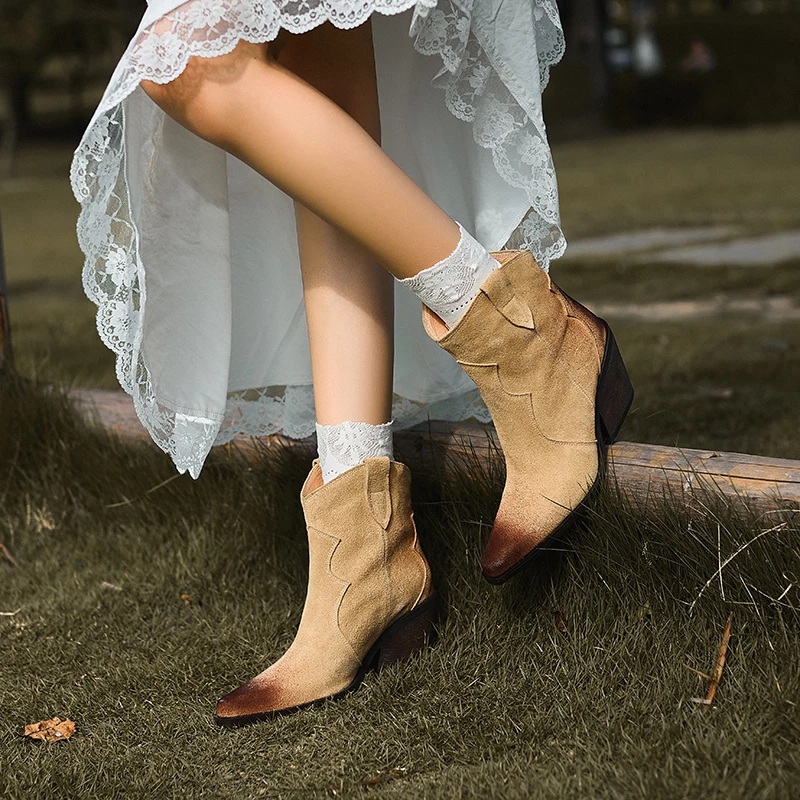Women Chelsea Boots for Spring Autumn Cow Suede Pointy Toe Chunky Heel Handmade Ankle Boots Winter Shoes Woman Western Boots