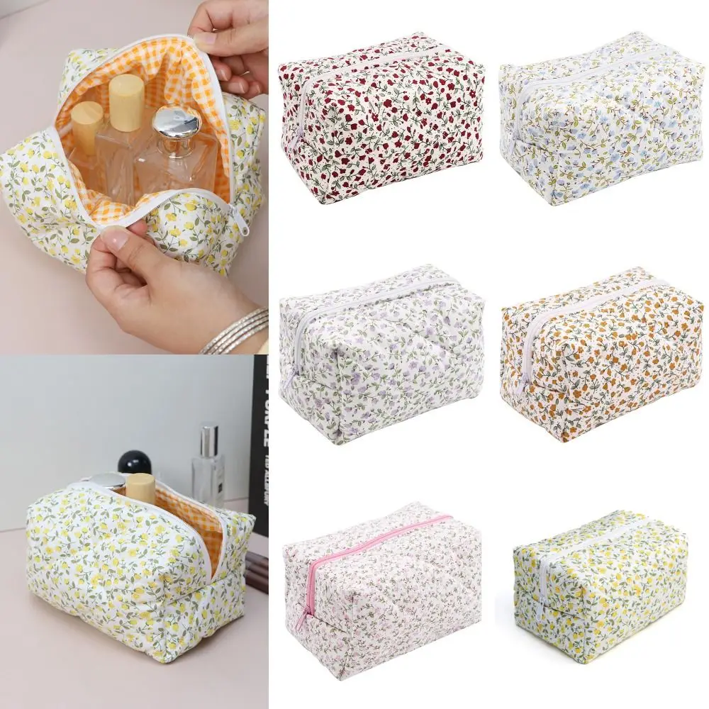 Storage Organizer Floral Puffy Quilted Makeup Bag Cosmetic Pouch Makeup Accessory Large Travel Cosmetic Bag Flower Printed