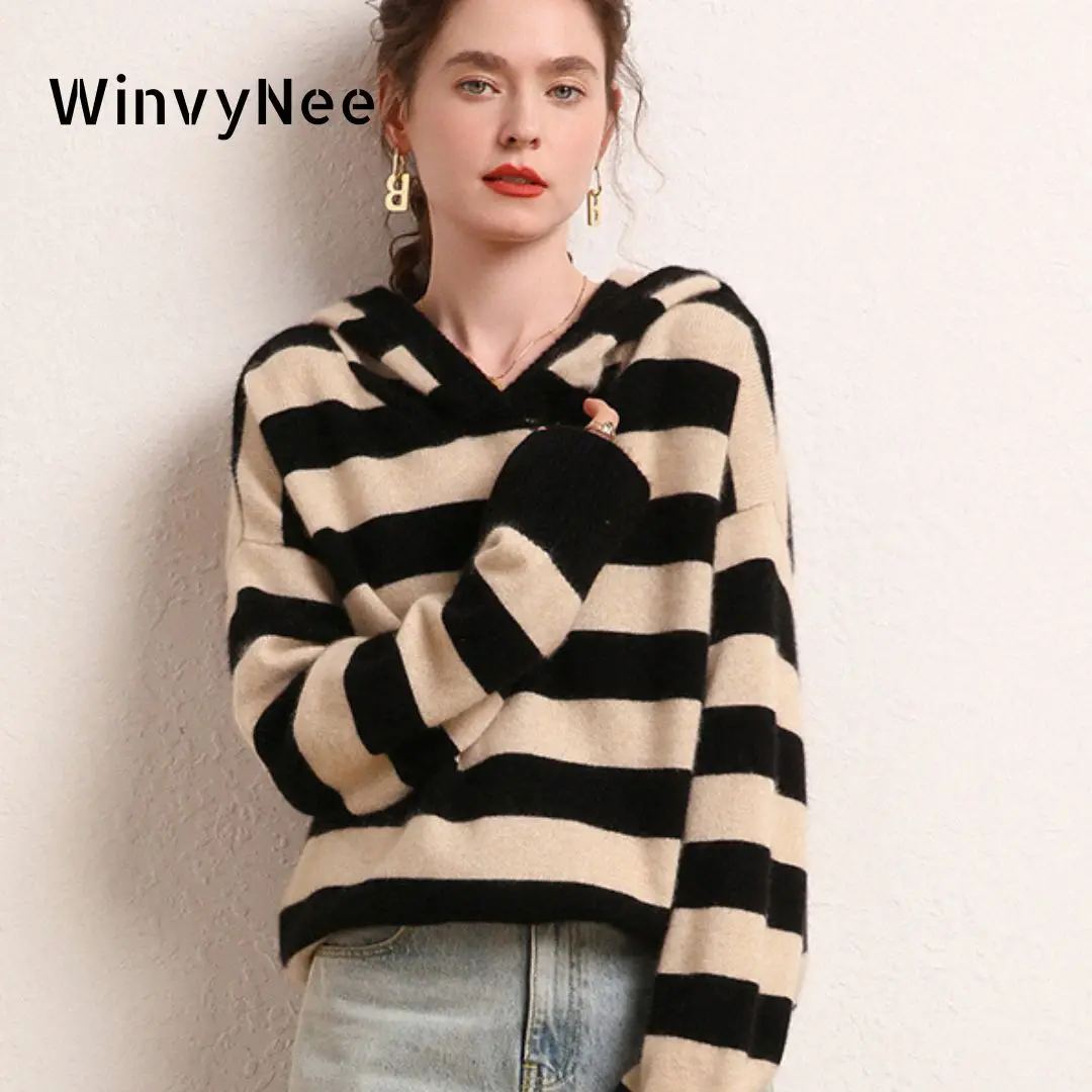 

WinvyNee Women Cashmere Wool Sweater Hooded Striped Casual Loose Outerwear Warm Knitted Pullover Jumper Clothing Winter A1044022