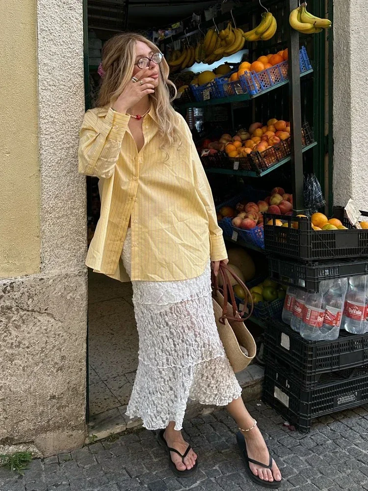 Gestreept Revers Kraag Shirt Dames Modieus Single-breasted Lange Mouwen Split Zoom 2025, Nieuwe Zomer Nieuwe Vrouwelijke Chic Shirt