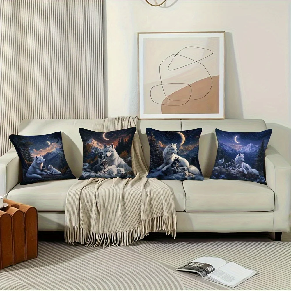 4pcs Wolf-Themed Pillow Covers,Moonlit Forest Scene with Christmas Elements,Perfect for Home Decor or Gifting to Friends  Family