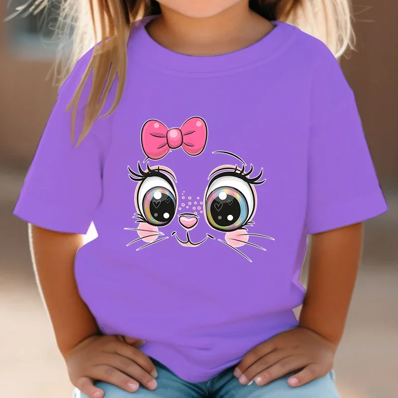 Maglietta per bambini maglietta estiva con fiocco rosa gattino ragazze Cute Cartoon Cat Graphic Tops maglietta selvaggia a maniche corte bianca vestiti Anime animali