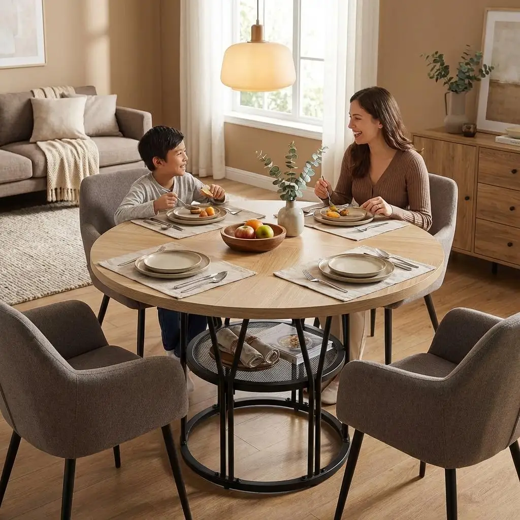 Space-Saving 47'' Round Dining Table for 4-6  Modern Kitchen Table with Storage Shelf Sturdy Metal Frame Perfect for Dining Room Apartment Office