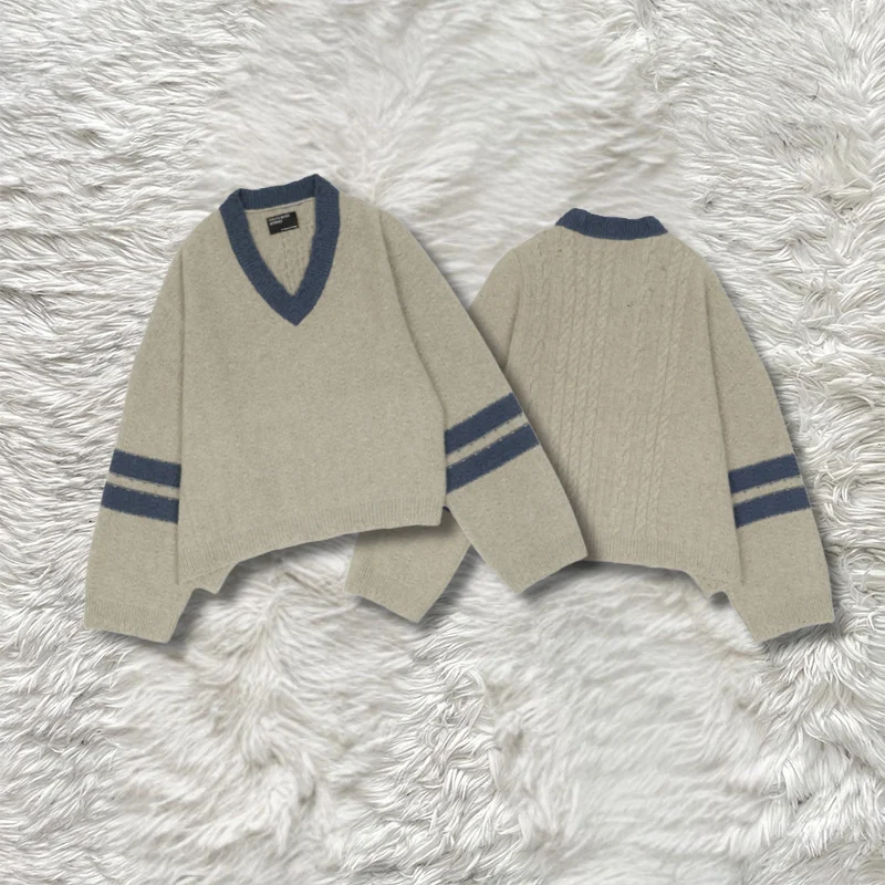 Retro V-neck Sweaters Autumn Winter High Quality Women Men Loose Casual Couple Long Sleeve Knitted Pullover