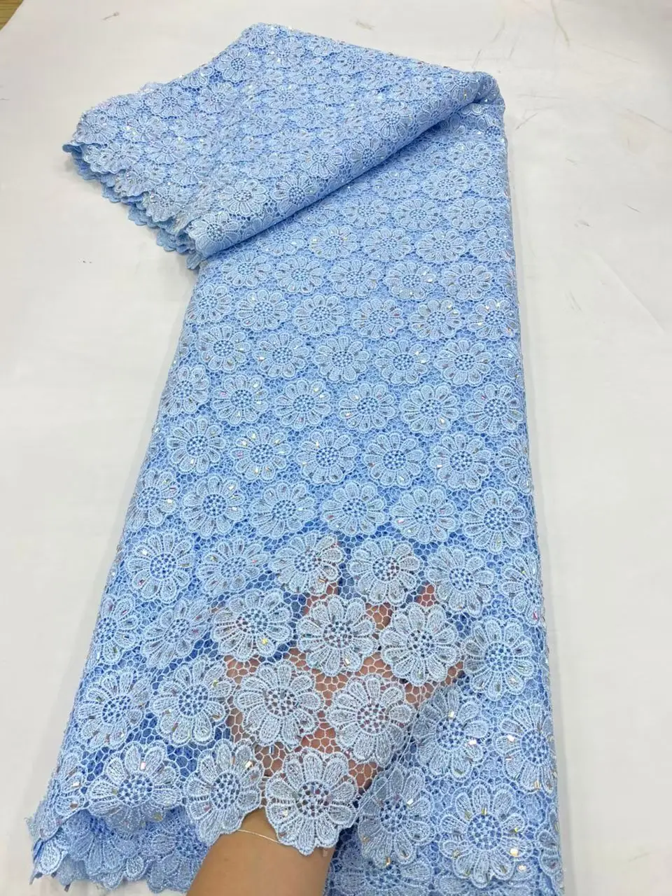 African Nigerian High-Quality Cotton Wedding Tulle Lace Fabric Sequins Water Soluble 5 Yards for Party Dresses Sewing JL577