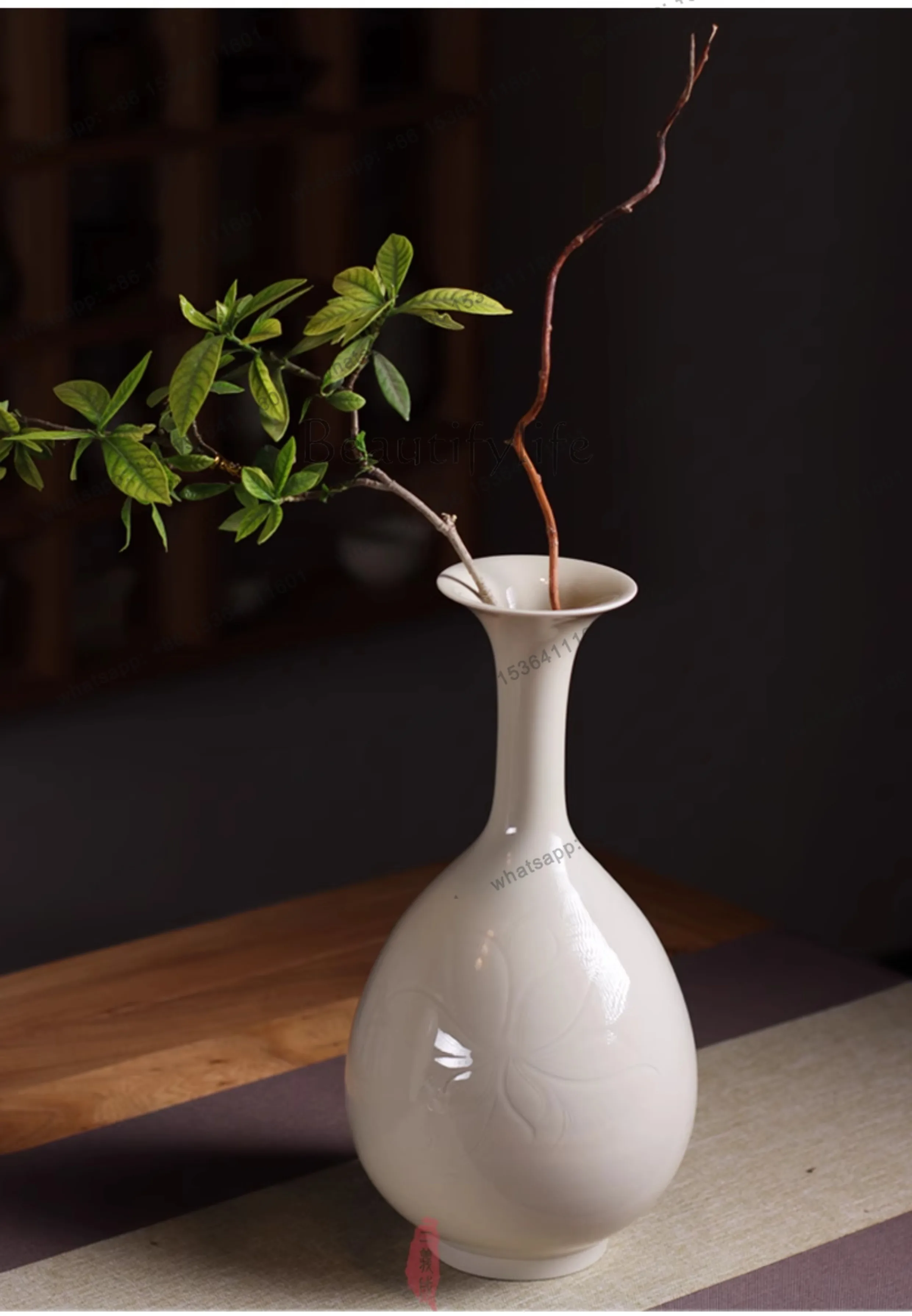 FG White porcelain ornament ceramic imitation Song Dynasty engraved flower entangled lotus decorative vase plum vase desktop