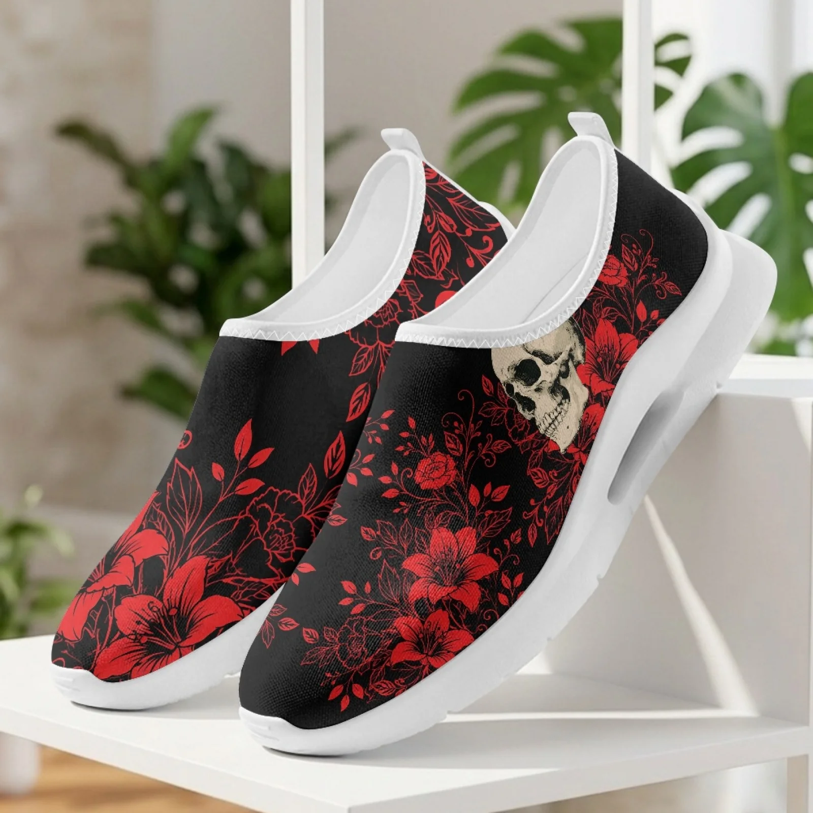 

XIXIRIMIDO Women Casual Shoes Slip On Walking Sneakers Nurse Shoes Mens Gym Workout Shoe Breathable Comfortable Soft Rose Skull