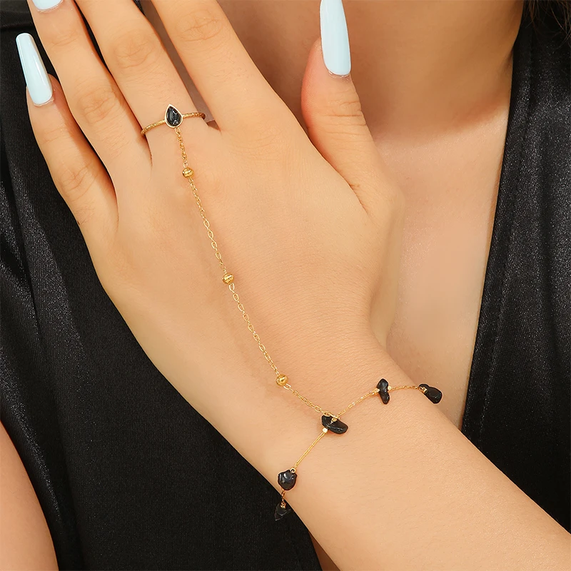 Letdiffery Simple Black Stones Bracelet With Finger Ring for Women Stainless Steel Butterfly Bead Chain Charms Bracelets Jewelry