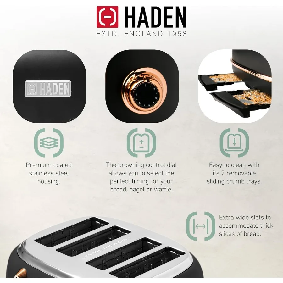 Heritage 4-Scheiben-Toaster mit extra breiten Schlitzen, 1500 Watt, schwarzes Kupfer, Retro-Edelstahl-Design mit selbstzentrierender Funktion