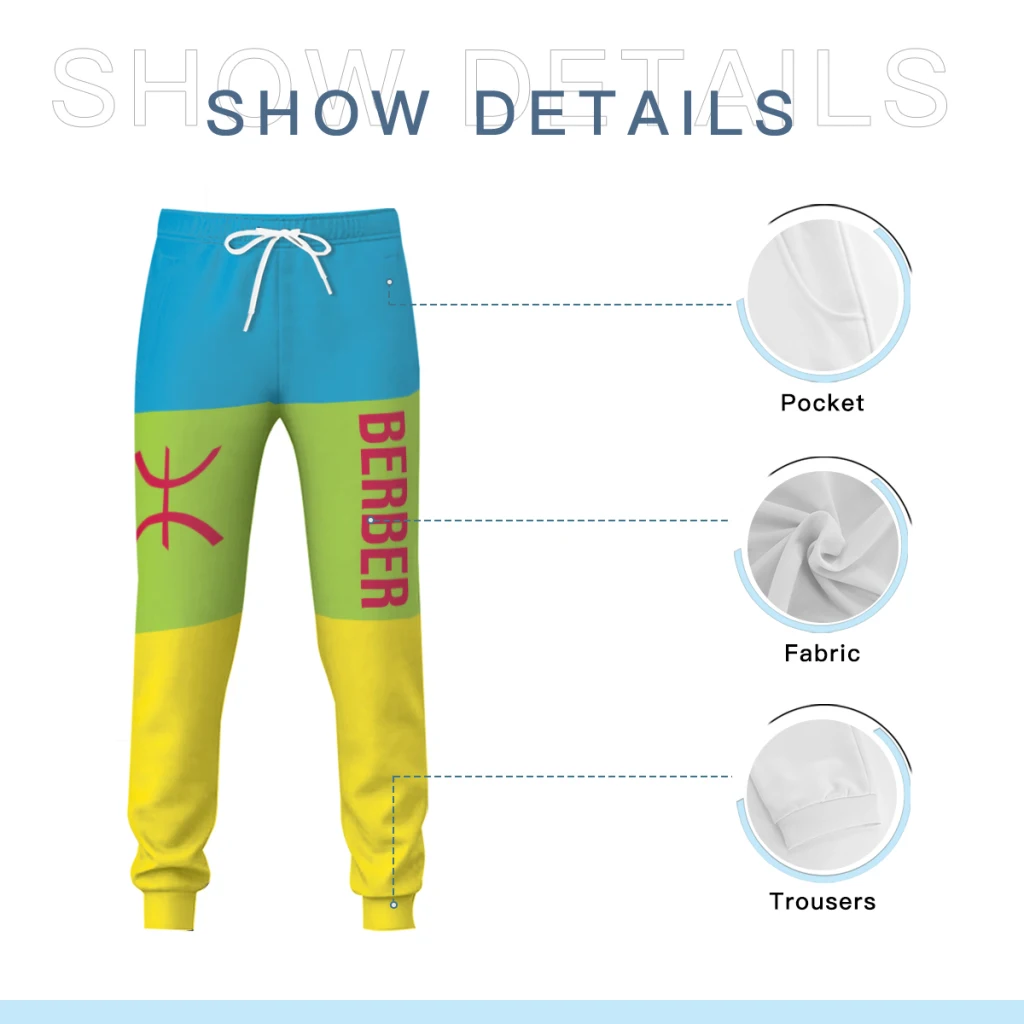 2025 Berber Flag Mens Sweatpants พร้อมกระเป๋า Joggers สําหรับผู้ชายกีฬากางเกงเหงื่อลําลองพร้อมสายรัด