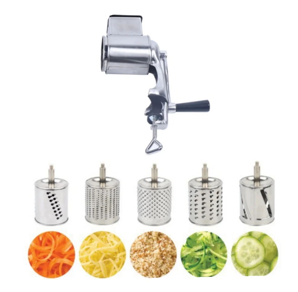 

Vegetable Slicer Nuts Grinder Rotary Cheese Shredder Kitchen Manual Cheese Grater with Handle 5 Replaceable Drum Blades