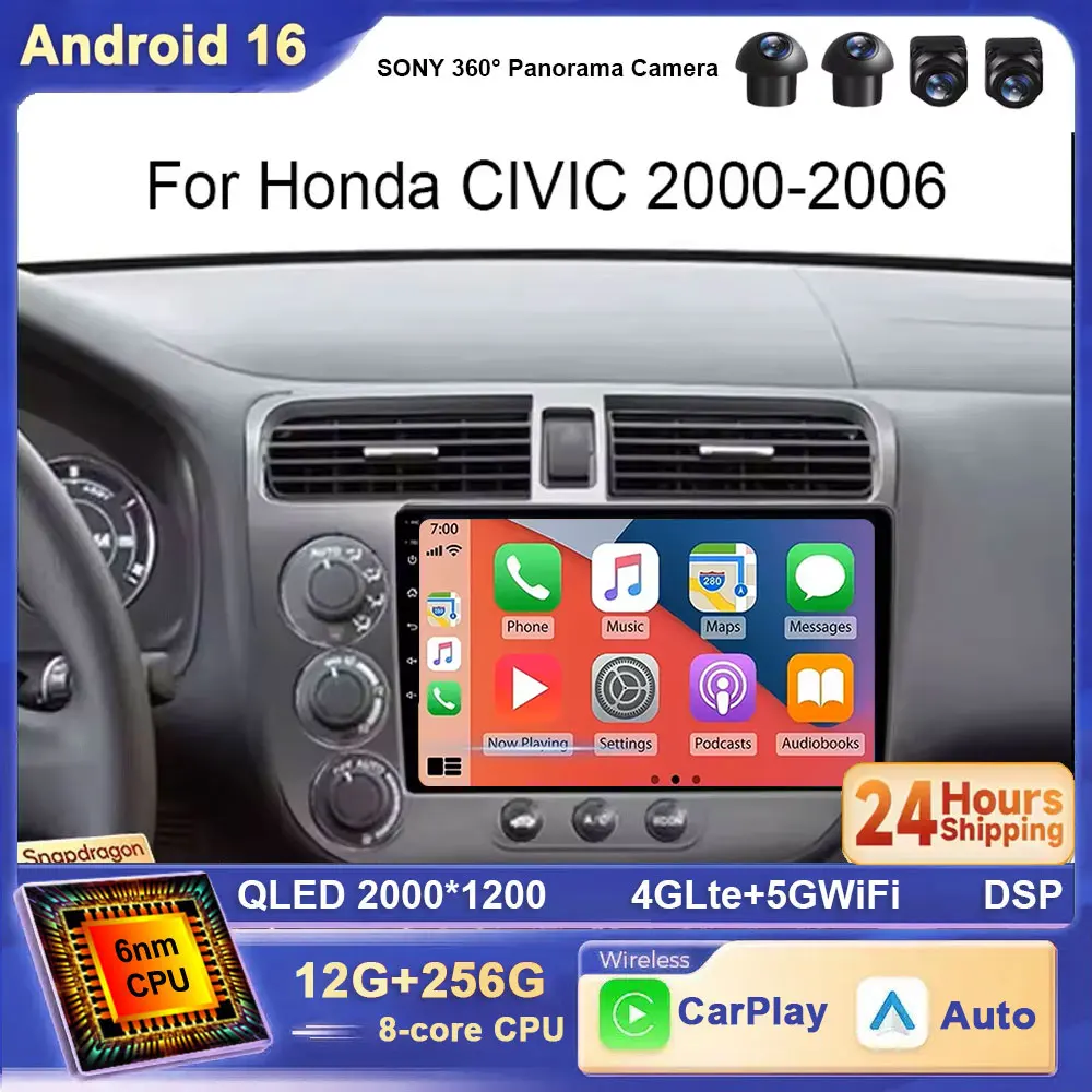 For Honda Civic 7 2000-2006 Car Android 16 Wireless Auto Carplay Car Radio Multimedia Player Navigation Head Unit WiFi 4G BT