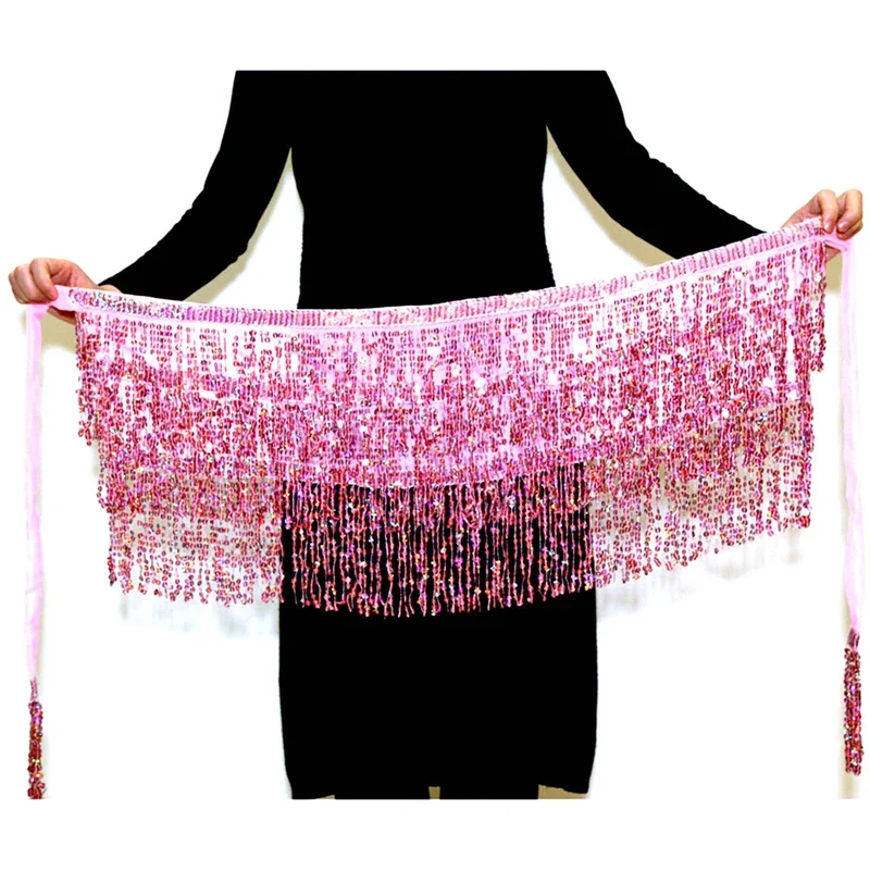 Sexy Belly Dance Layer Skirt Sequins Chain Tassel Belts Clubwear Latin Hula Dance Practice Dress Performance Hip Waist Scarf