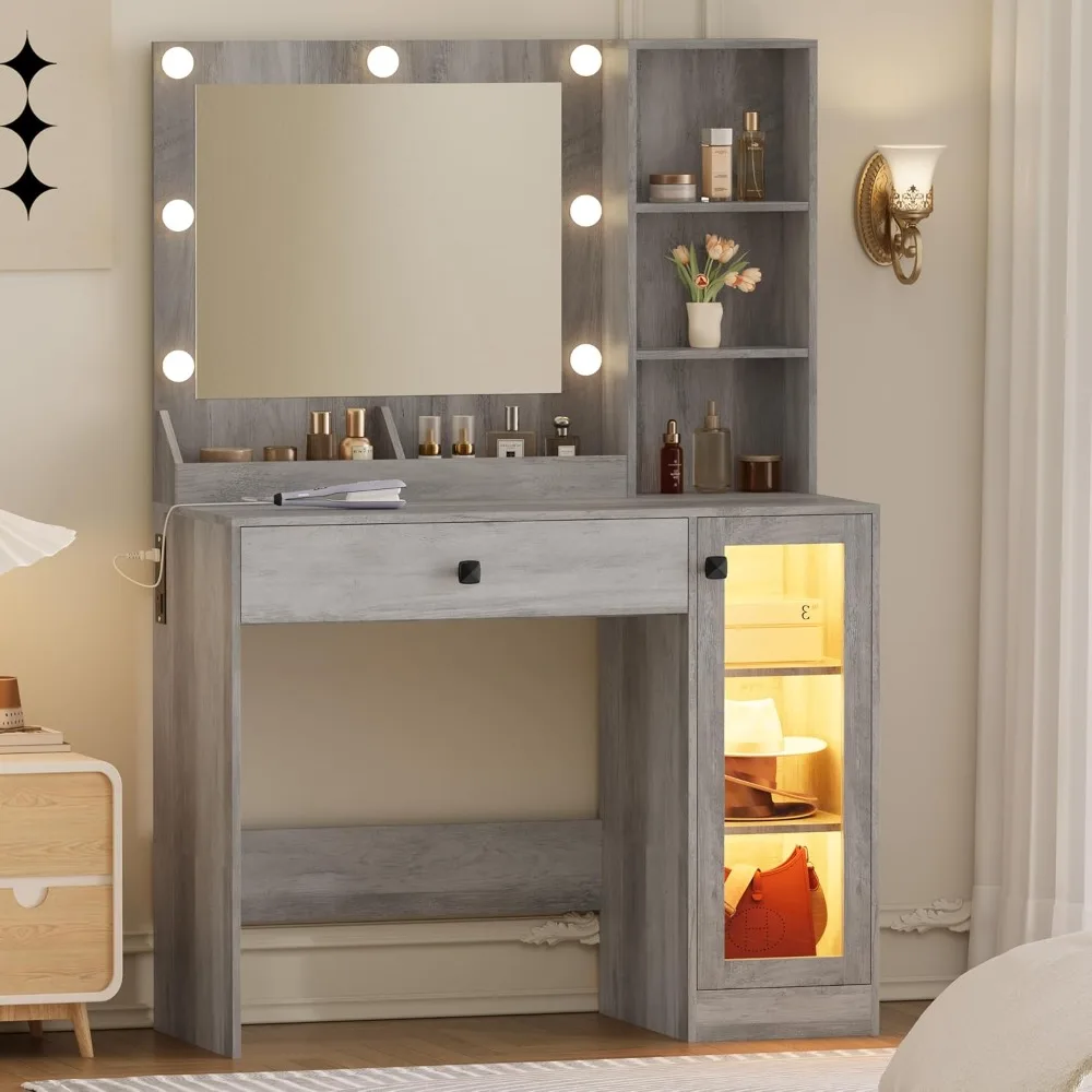 

Makeup Vanity with Mirror and Lights, 34'' Wide Dressing Table with Charging Station & RGB Glass Cabinet, Small Vanity Desk