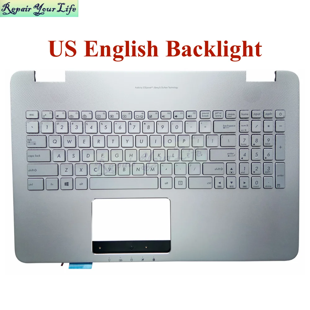 Replacement N551 US Latin UK British Euro Backlit Keyboard Palmrest for ASUS N551JK N551JM N551VW Silver Cover 90NB07F1-R30LA0