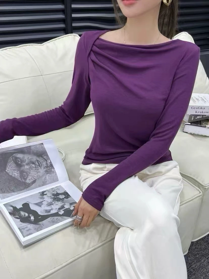 

Women Long Sleeve T-shirt Women's Inner BottomingTops White Slim Fit Women Tees Autumn Winter Slash Neck Simple Basic T-shirts