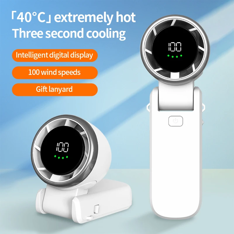 

New Portable Folding High-speed Handheld Turbo Small Fan 100-gears Wind Power 3600mAh Capacity Digital Display Hanging Neck Fan