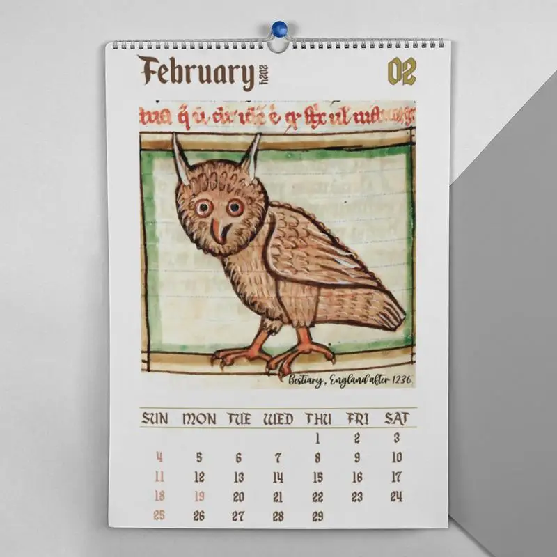 Engraçado Medieval Pinturas Coruja Calendário, 2022 2022, 30x21cm, Planejador Mês, Planejador Família