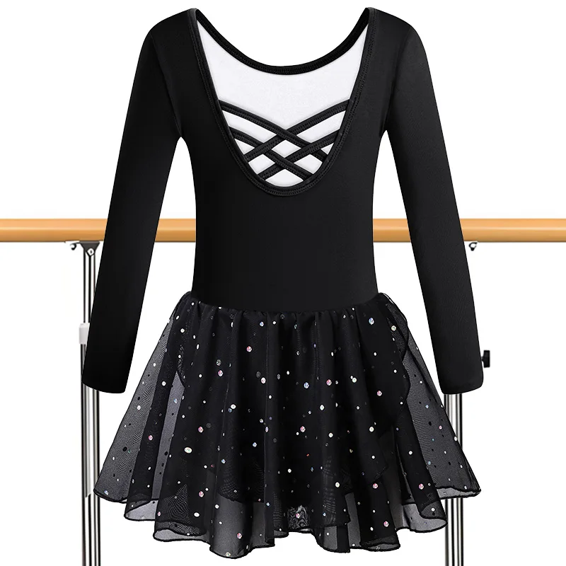Girls Long Sleeve Ballet Dress Dance Leotards for girl Gymnastics Dance Skirts with Sparkly sequins and Crisscross Back