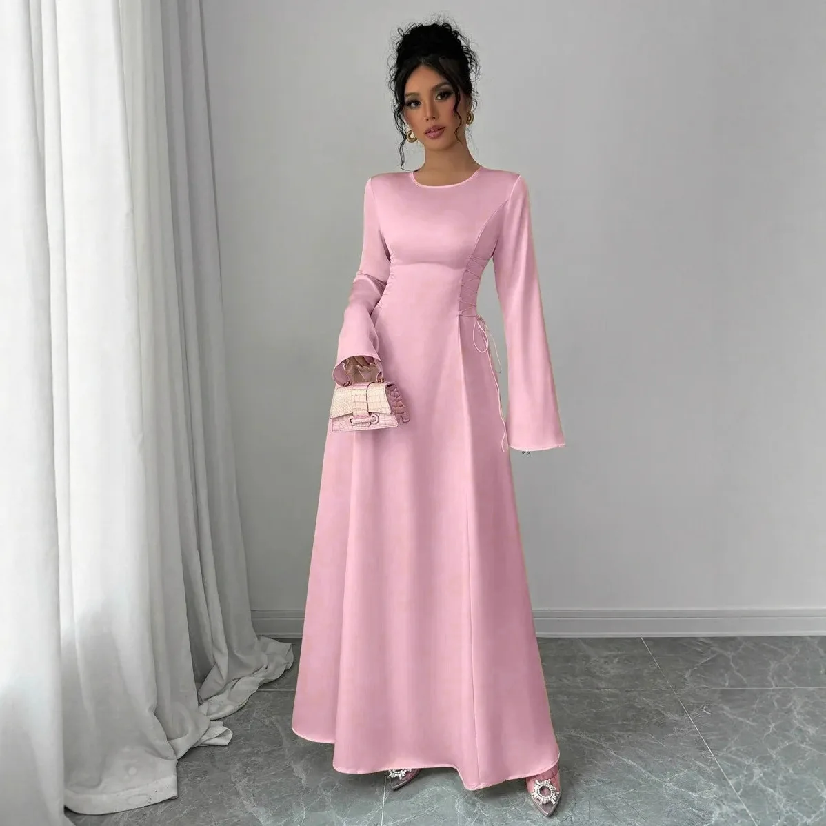 Women Dress Eid Vestidos Abaya Muslim Caftan Dresses Robe Lace Up Flare Sleeve Modest Jalabiya Ramadan Morocco Dubai Kaftan