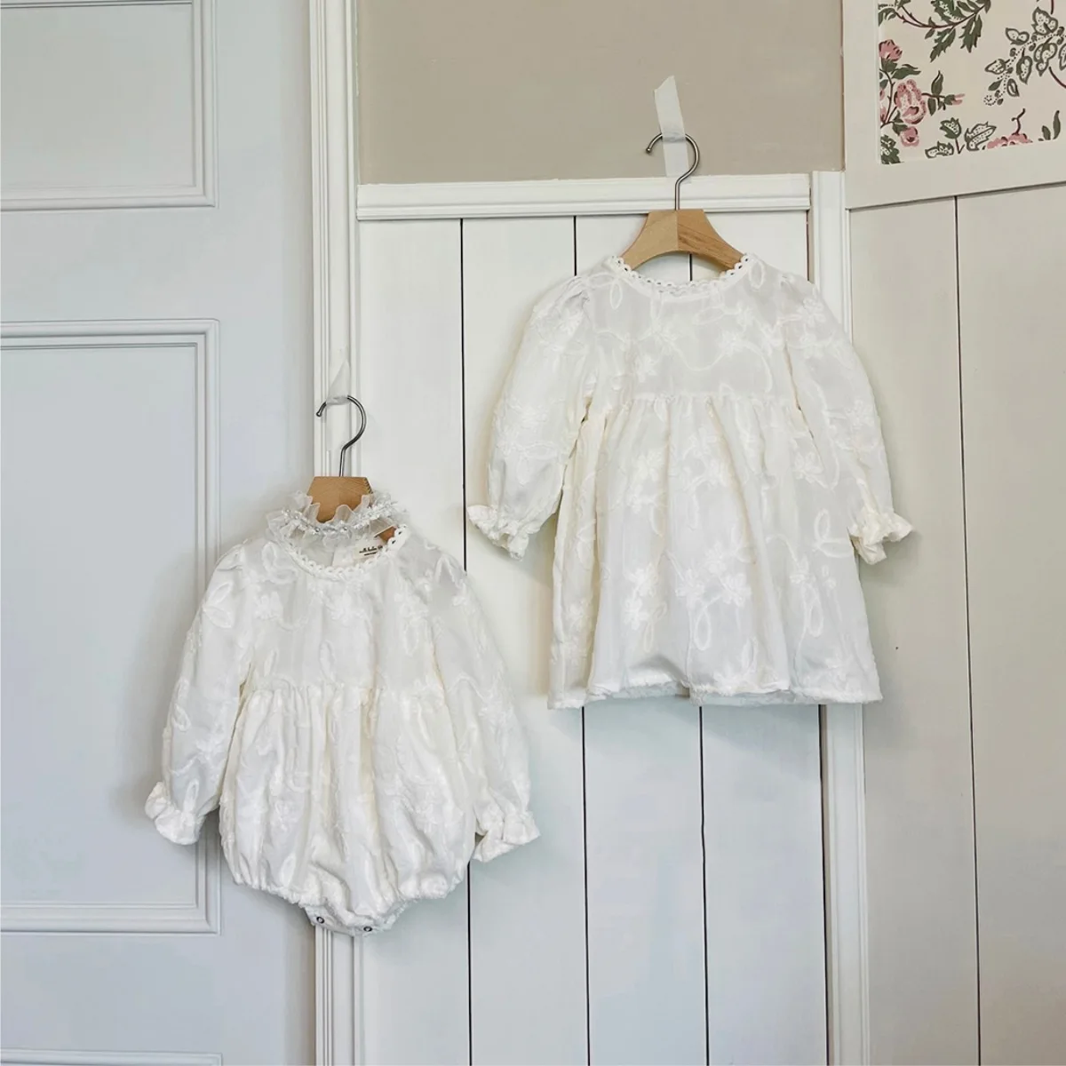 Spring Autumn Sister Outfits Sweet Embroidery Flower Girl Children Princess Dress Solid Casual Newborn Baby Cotton Lace Bodysuit