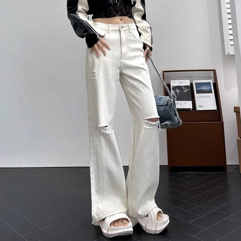 ZHISILAO New High Waist Wide Leg White Jeans Women Vintage Loose Boyfriend Ripped Denim Pants Summer 2024