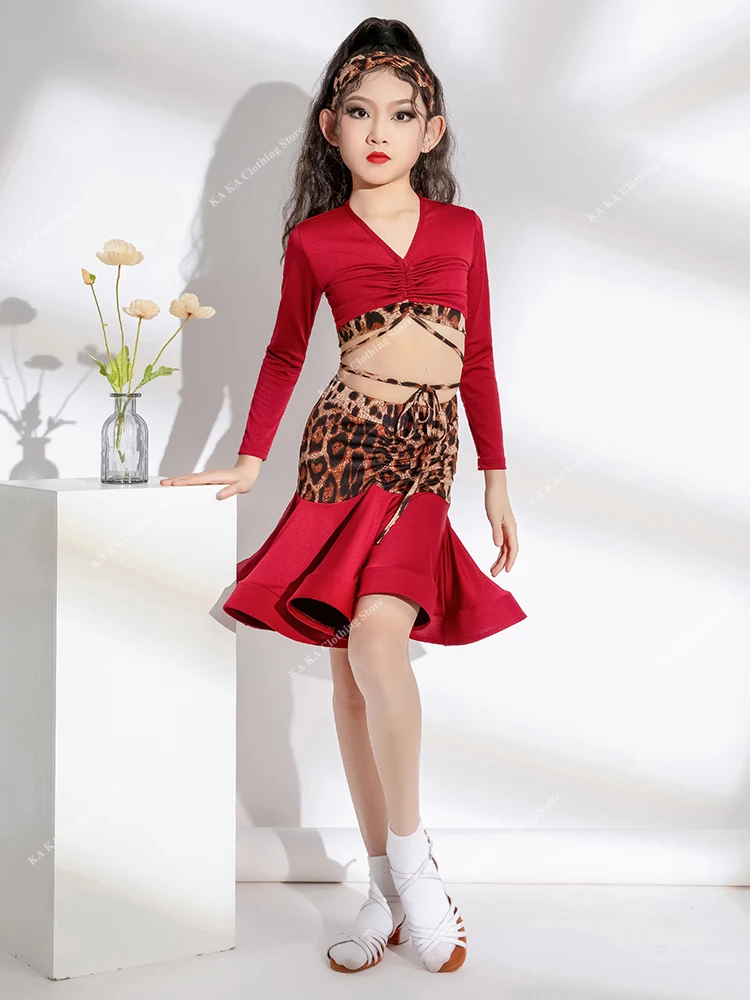 Leopard Tango Latin Dance Costume Girls Dance Dress Cha Cha Rumba Dance Skirt Girls Performance Kids Latin Practice Clothes