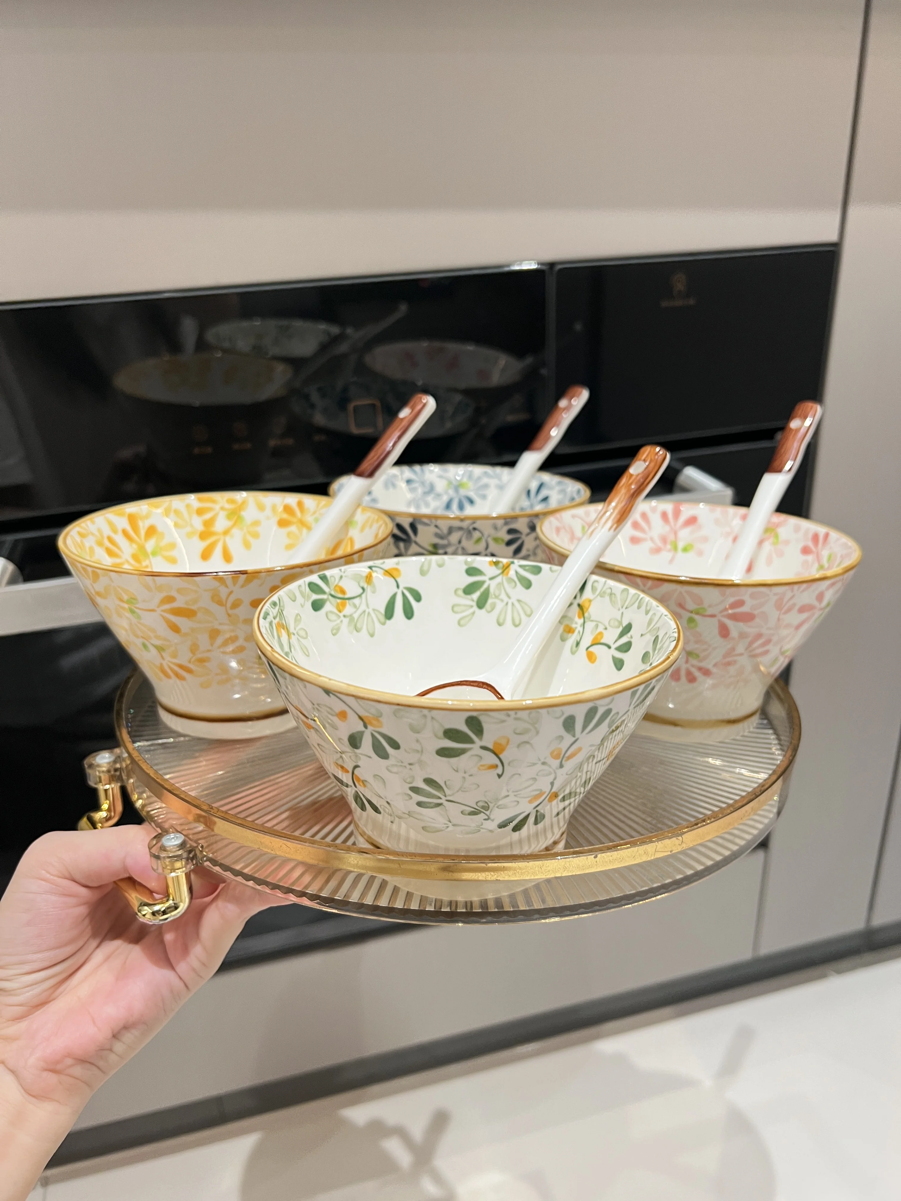 Ceramic Hat-shaped Bowl Spoon Set,Four Seasons Floral Pattern,Oven Microwave Safe, Noodles Salad Soup Dessert Hot Pot Picnic BBQ