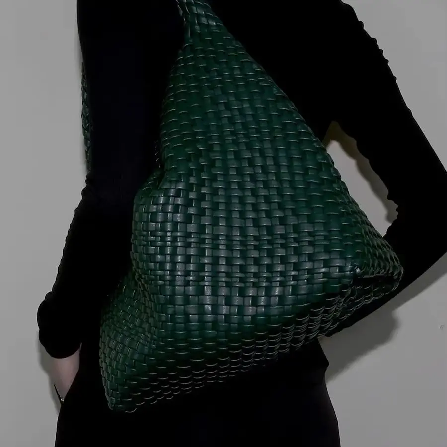 Women Woven Shoulder Bag Fashion Braided Detail Large Capacity Soft PU Leather Tote Bag Vintage Weave Top Handbag Casual Outing