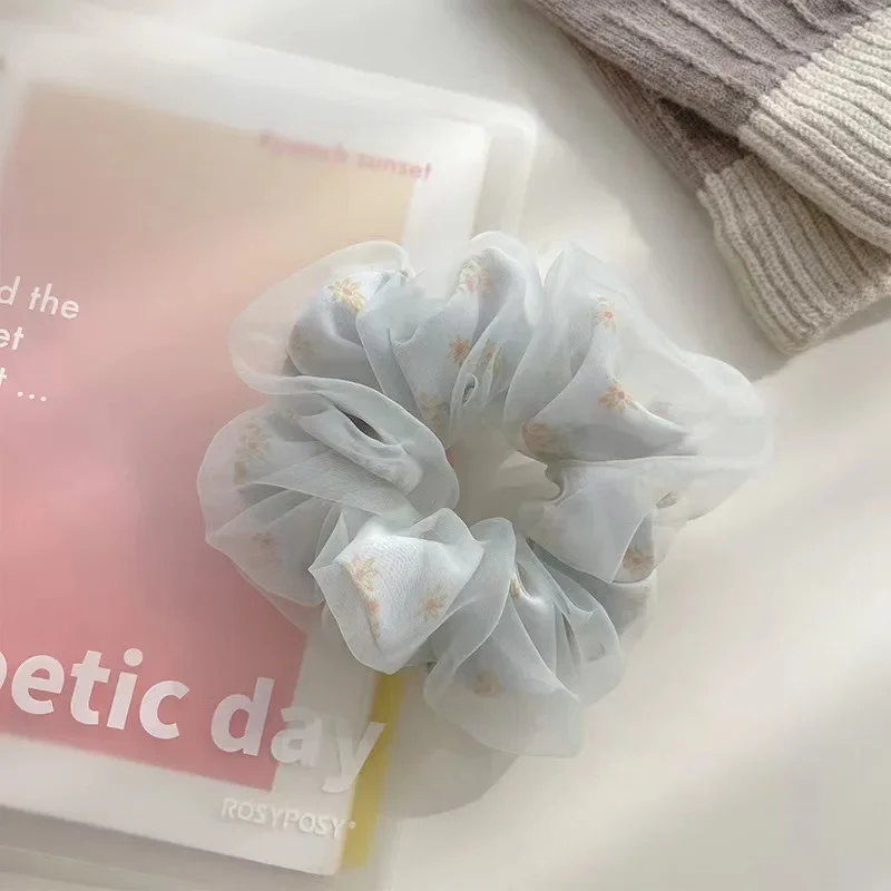 Fotografia 7: Elástico de Cabelo Grande com Laço Duplo de Tela Estilo Francês para Meninas, com Flores e Laço Grande de Tecido para Coque