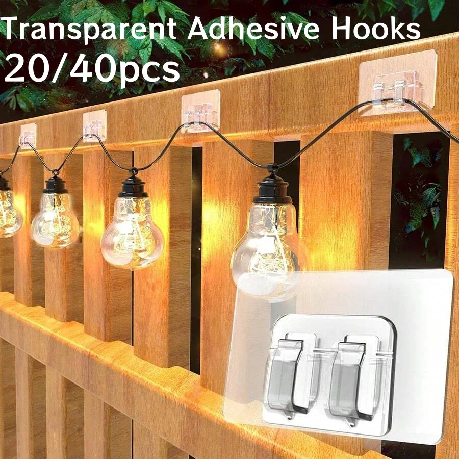 20/40Pcs Transparent Adhesive Hook Traceless Outdoor String Lights Hooks Wall Mount Home Party Decor Kitchen Bathroom Storage