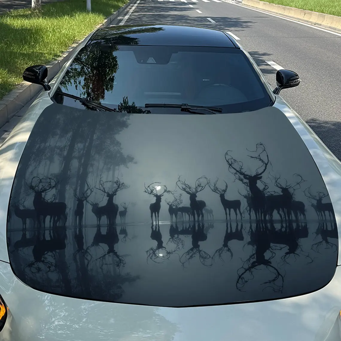 

Misty Deer Herd Reflection Car Vinyl Wrap, PVC Waterproof Car Hood Sticker, Self-Adhesive Scratch-Resistant Stickers for Engine