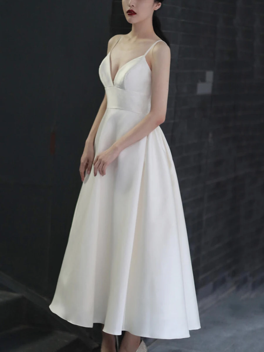 Vestido de boda de satén blanco elegante para mujer, vestido Midi de noche para graduación, Sexy, con tirantes finos, 2023