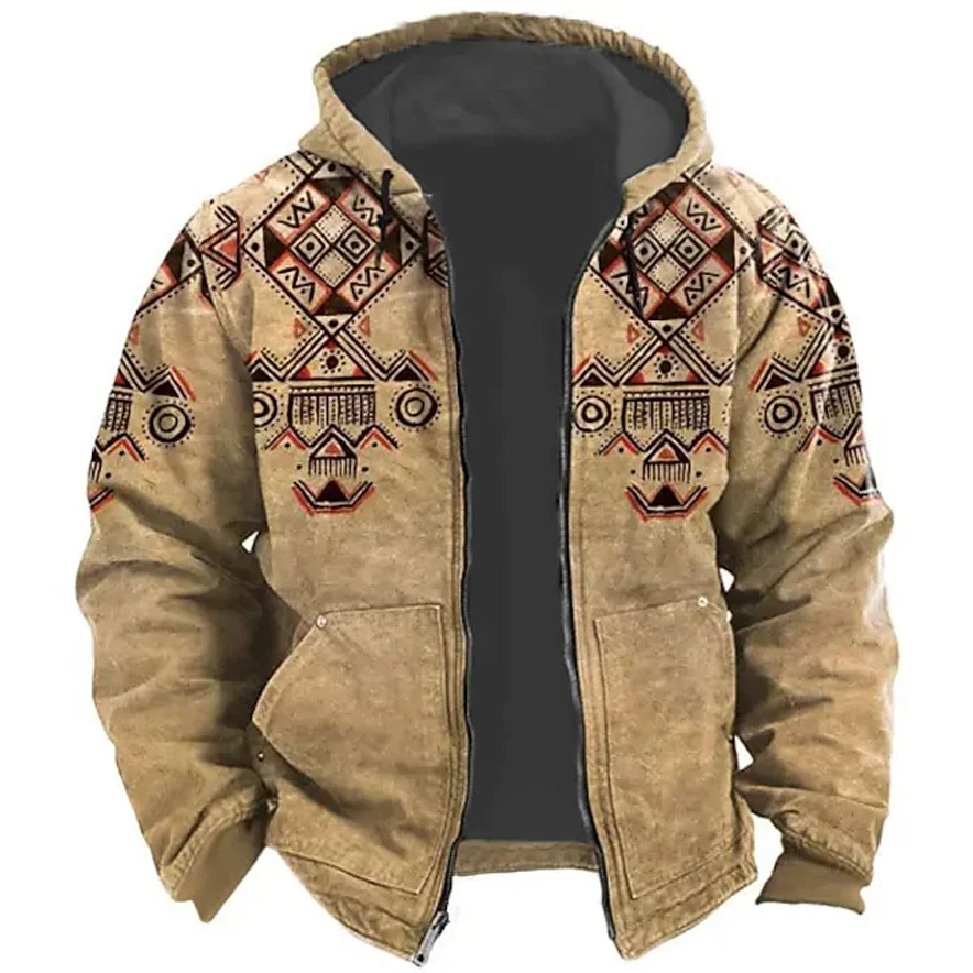 Jaqueta de lã com capuz masculina, capuz com estampa tribal, zíper, casaco casual clássico, férias e férias, saída, inverno, 2023